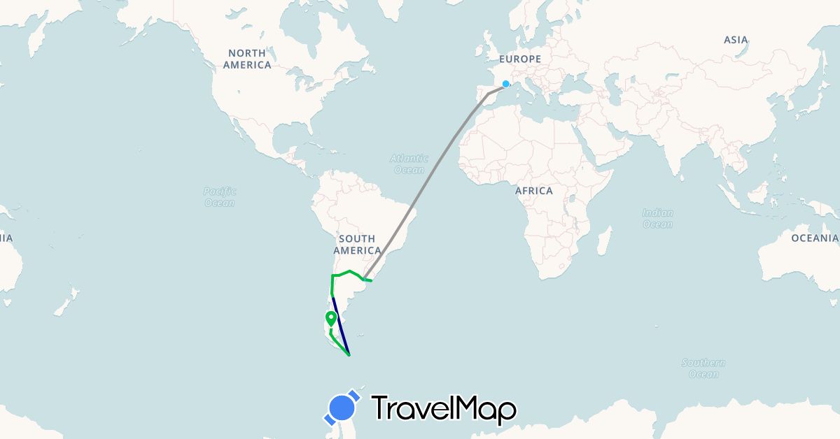 TravelMap itinerary: driving, bus, plane, boat in Argentina, Chile, Spain, France, Uruguay (Europe, South America)